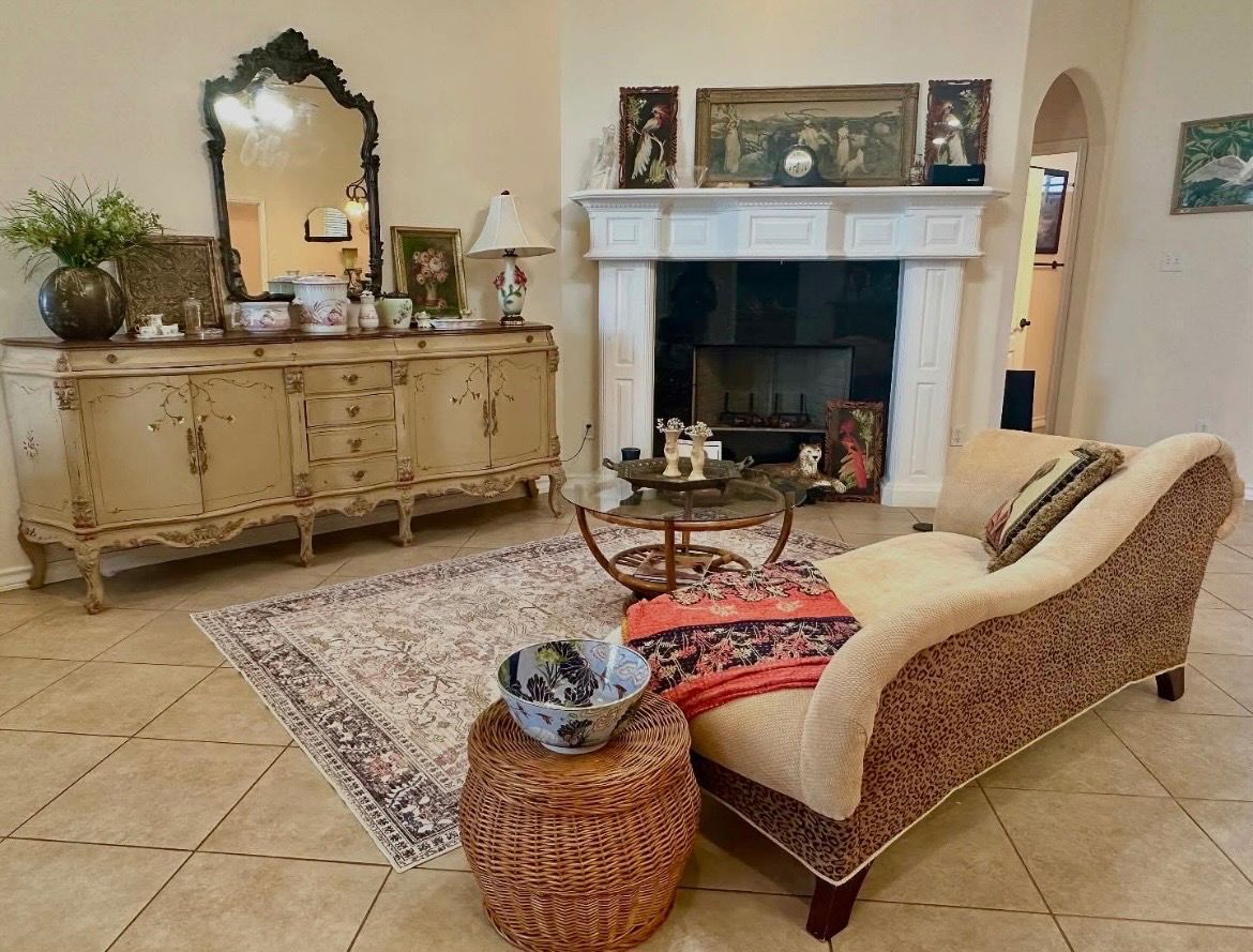 Beautiful large hand painted cabinets, chaise lounge, ornate carved mirror 