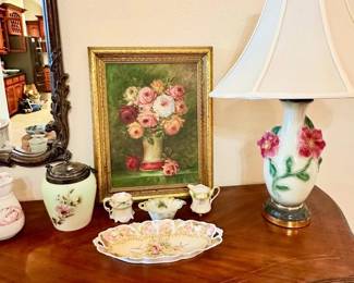 Antique roses painting, biscuit jar, vintage lamp