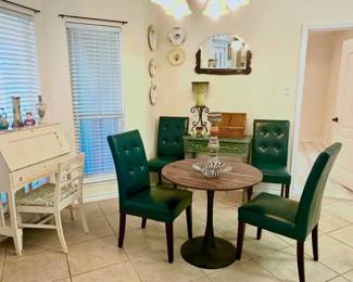 Green leather dining chairs, smaller size pedestal table (sold separately)