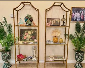 Vintage metal bamboo style shelves, talavera planters