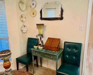Hand painted table with drawer, antique writing desk, antique art deco mirror