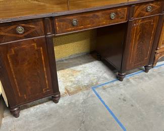 English satinwood banded two pedestal sideboard, with tall brass gallery,  $765