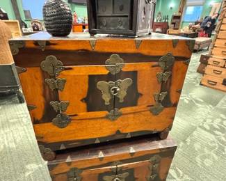 Pair of Antique Chinese Wooden Trunks with Brass Hardware