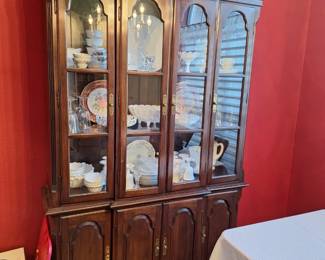 China cabinet, milk glass and glass items