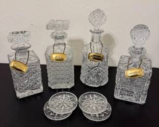 Vintage Cut Glass Decanter Set with Stoppers 4 Glass Coasters