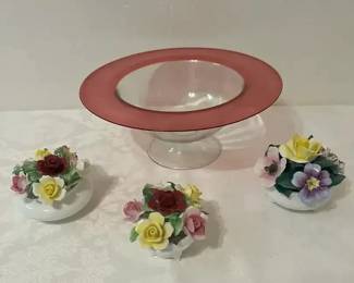 Cranberry Rim Vintage Glass Compote With Floral Bone China Decor