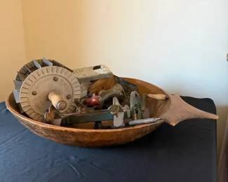 Vintage Wooden Dough Bowl with Assorted Tools Accessories
