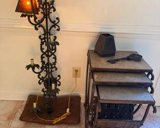Metal Nesting Tables with Metal Ironwork Wall Light and Shades
