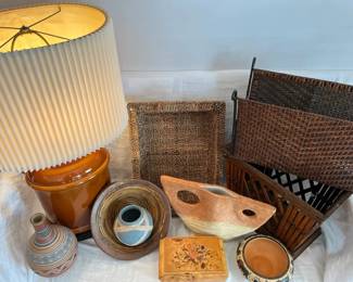 Southwestern Boho Decor Collection with Lamp, Pottery, Baskets Music Box