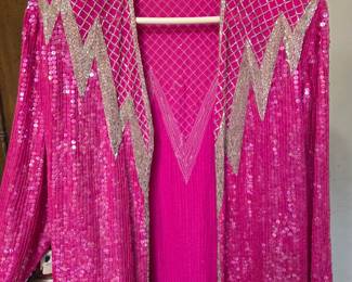 vintage 1970s Halston Couture pink sequined top with silver beaded chevron details. 