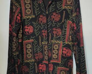 Coldwater Creek Travelers button jacket in black with a coral and green pattern. 