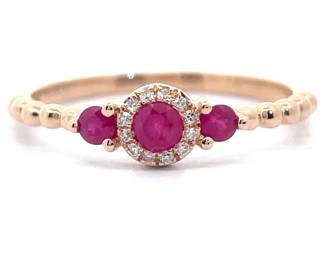 0.29 Carat Natural Ruby & Diamond Halo Textured Stacking Ring in 14k Rose Gold