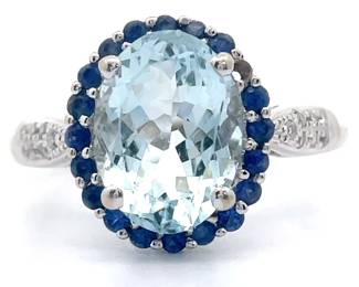 2.50 Carat Natural Diamond, Blue Sapphire & Aquamarine Ring in 14k White Gold