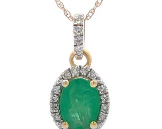 Oval Natural Emerald & Diamond Halo Pendant Necklace in 14k Gold