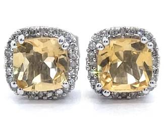 Citrine & Natural Diamond Halo Cushion Stud Earrings in White Gold