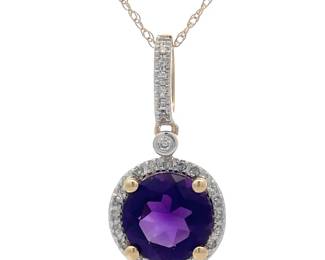 Natural Amethyst & Diamond Round Halo Drop Pendant Necklace in 14k Gold