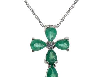Natural Emerald & Diamond Cross Pendant Necklace in 14k Gold