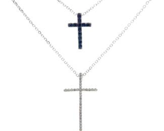 Natural Diamond & Blue Sapphire Cross Double Layer Necklace in White Gold