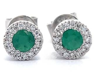 0.33 Carat Natural Emerald & Diamond Round Halo Stud Earrings in 14k Gold