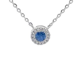 0.17 Carat Natural Blue Sapphire & Diamond Halo Necklace in 14k White Gold