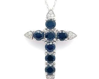 1.67 Carat Natural Sapphire & Diamond Cross Pendant Necklace in 14k Gold