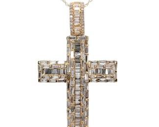 1.40 Carat Natural Diamond Baguette Cross Necklace in 14k Yellow Gold