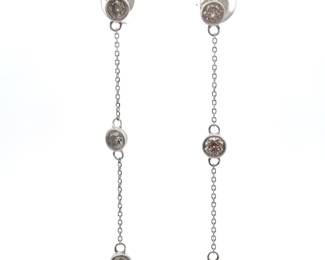 1 Carat Natural Diamond Three-Stone Bezel Chain Linear Earrings in 14k White Gold