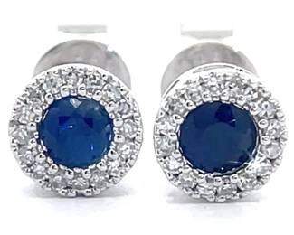 0.37 Carat Natural Blue Sapphire & Diamond Halo Stud Earrings in 14k White Gold