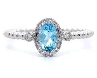 0.62 Carat Oval Blue Topaz & Natural Diamond Beaded Band Ring in 14k Gold