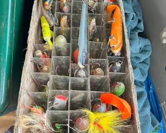 Dozens of Muskie lures, They are currently housed in a Muskie lure organizer.