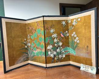 A beautiful Japanese Byobu 4 panel folding table screen. Great as a backdrop for a floral arrangement or by itself in its natural art form. Lower right side - signed by the artist Haruyama.