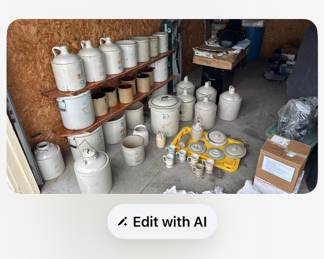 Great picture capturing the wide variety of stoneware crocks, jugs, and lids. Small and large sizes. 