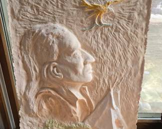 3D tectured art of a Native American,  TeePee and a bird figure with deckled edge. Very interesting piece of art.