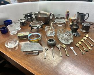 A wide assortment of salt cellars salt Masters salts, sugs bowl, NOTE: there are two Tiffanys of New York pieces in the lower left of this pic 