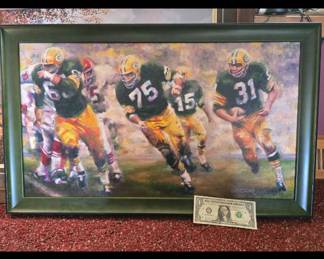 Here comes the Green Bay Packers offense engineered by #15 Bart Starr, #31 Jim Taylor carrying the ball, #75 Forest, Gregg looking to block and #68 offensive guard Gale Gillingham. By artist Huber #20 of a limited edition of 100. Signed & Framed. GO PACK!!!