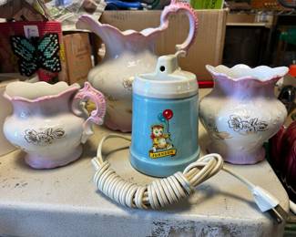 ceramic pitcher, vases with a vintage Johnson automatic nursing bottle warmer