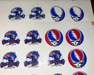 Grateful Dead decals. These decals were created June 15th, 1985 by Velvetone/Gallaghor for Pacific Litho. Printer Bill Smith. Grateful Dead American Flag  limited edition of 10,000 and the Skull limited edition of 5,000.
