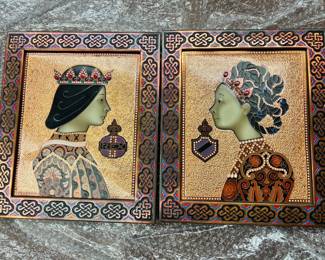 Shakespearean figures - Romeo and Juliet. Framed art prints created by artist Jane Whiting Chrzanoska (JMW Chrzanska). These are highly stylized patterns and textured gold backgrounds, reminiscent of the Art Deco or Byzantine styles. These are very COOL!