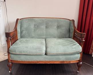 Vintage Settee Upholstered in Mint Green Fabric with Leopard Trim. Photo 1 of 4. 