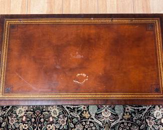 Heritage Henredon Flame Mahogany Flip Top Coffee Table with Tooled Leather Top. Photo 2 of 3. 