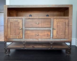 Forged Iron Base Media Stand / Console. Mix of Reclaimed Pin and Iron. On Casters - 2 Available. Each Measures 52" W x 18" D x 38" H. Photo 1 of 5.