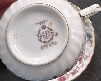 Minton Ancestral 57-Piece Bone China Set. Pieces Include: Set of 13 Dinner Plates, Set of 13 Salad Plates, Set of 9 Bread & Butter Plates. Set of 12 Cups & Saucers, Set of 4 Salt Cellars, Salt & Pepper Shaker, Cream & Sugar, Oval Bowl and Platter. Photo 4 of 4. 