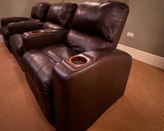 Set of 6 Brown Leather Home Theatre Recling Chairs. Two Have Two Arms; Four have Single Arm. Photo 3 of 3.