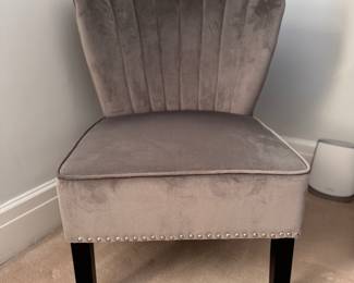 Channel Back Upholstered Slipper Chair with Nailhead Trim and Ebonized Wood Legs. Measures 26" W x 28" D. Photo 1 of 3.