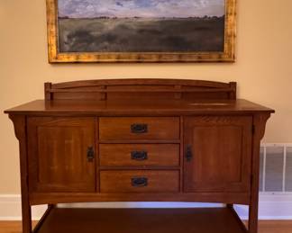 Bassett Furniture Mission Style Oak Sideboard / Buffet with Plate Rack. Measures 60" W x 17" D x 37" H with 7" H Plate Rack. Photo 1 of 4.