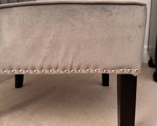 Channel Back Upholstered Slipper Chair with Nailhead Trim and Ebonized Wood Legs. Measures 26" W x 28" D. Photo 3 of 3.