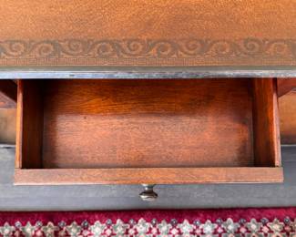 Theodore Alexander Louis XVI Leather Top Console and Brass Gallery. Measures 58" W x 11" D x 33" H to Gallery. Photo 6 of 7.