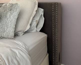 Upholstered "Wing Back" Queen Head Board with Nailhead Trim. Measures 70" W x 48" H. Photo 3 of 3.