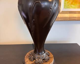 Pair of Japanese Bronze Urn Style Table Lamps on Marble Base. Each Measures 28" H. Photo 2 of 2.