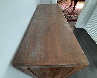Forged Iron Base Media Stand / Console. Mix of Reclaimed Pin and Iron. On Casters - 2 Available. Each Measures 52" W x 18" D x 38" H. Photo 2 of 5.